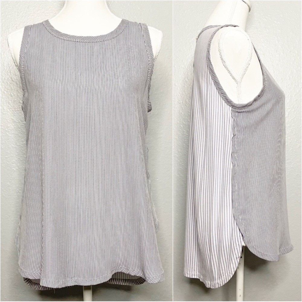 LOFT Blue and White Striped Mixed Media High Low Tank with Shirttail Hem Sz MP